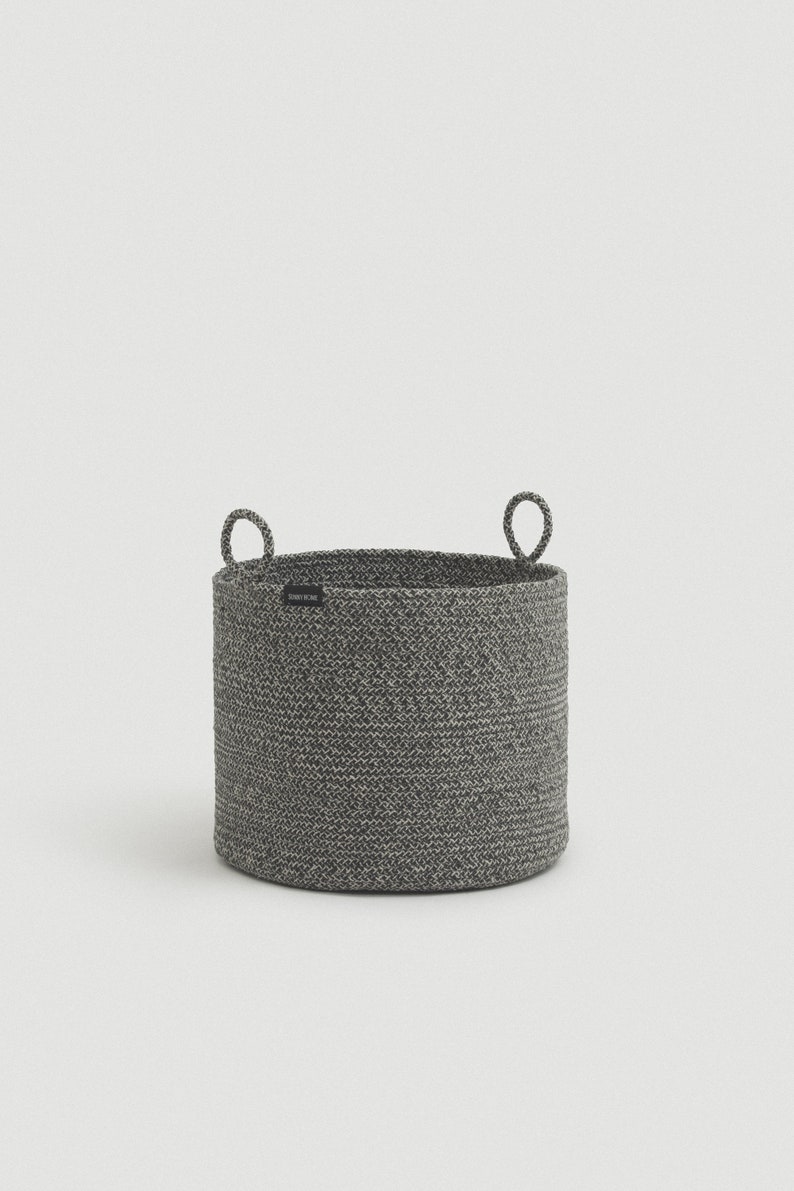 Medium Gray Cotton Rope Basket with Handles, Coiled Rope Round Floor Basket, Kids Toy Storage and Organization, Pet Storage Basket Medium Gray Melange