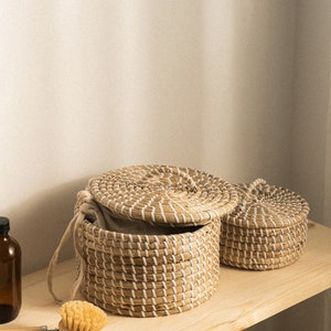 Canister Basket with Lid for Countertop Storage & Organization, Trinket Shelf Box, Entryway Tray, Handwoven Shelf Organizer, Bathroom Basket image 4