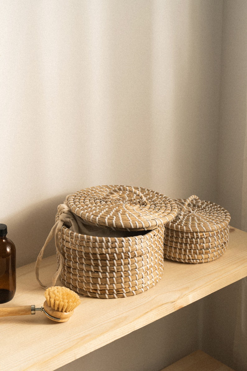 Canister Basket with Lid for Countertop Storage & Organization, Trinket Shelf Box, Entryway Tray, Handwoven Shelf Organizer, Bathroom Basket image 4