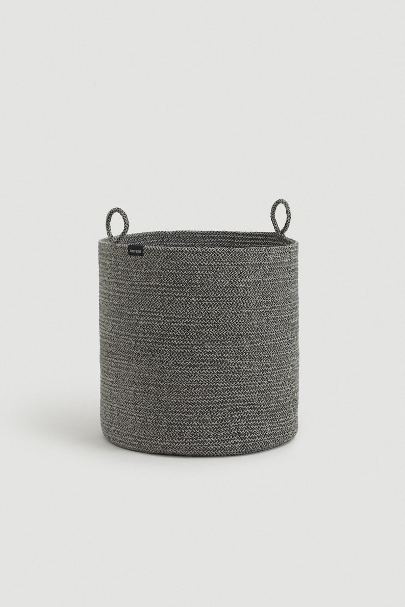 Gray Cotton Rope Basket with Handles for Blankets & Pillows, Round Coiled Rope Decorative Floor Basket, Kids Toy Storage and Organization image 4