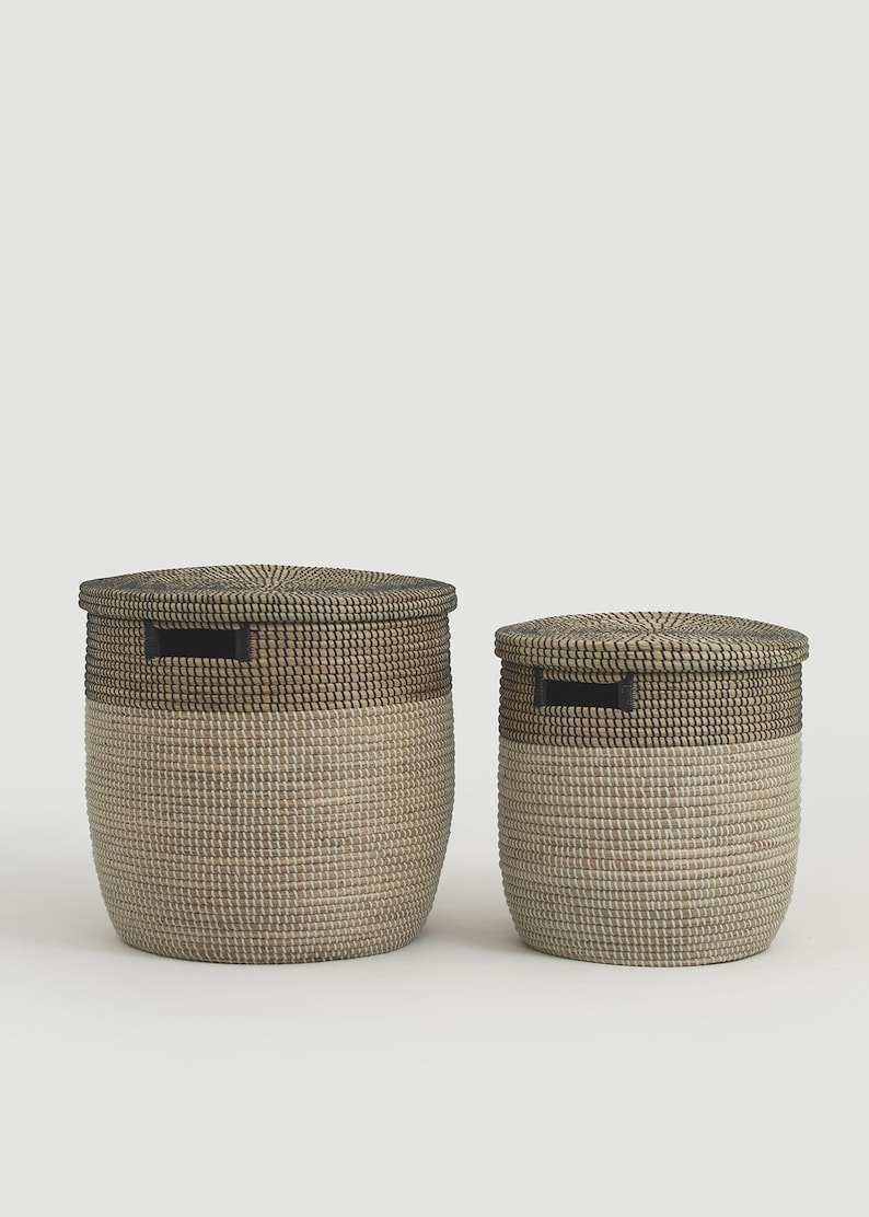 Large Black Storage Basket with Lid and Handles for Organization, Laundry Hamper Basket, Handwoven Coiled Tall Round Basket for Blankets image 4