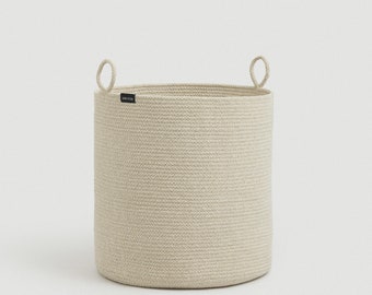 Grand panier en corde de coton beige avec poignées, panier à linge, panier de sol rond en corde enroulée, rangement et organisation des jouets pour enfants