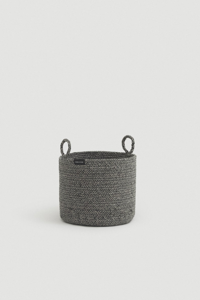 Panier en corde de coton gris avec poignées pour couvertures et oreillers, panier de sol décoratif rond en corde enroulée, rangement et organisation des jouets pour enfants Small Gray Melange