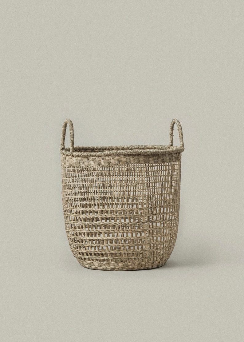 Large Tall Storage Basket with Handles for Home and Closet Organization, Handwoven Seagrass Boho Round Basket, Basket for Kids Rooms image 1