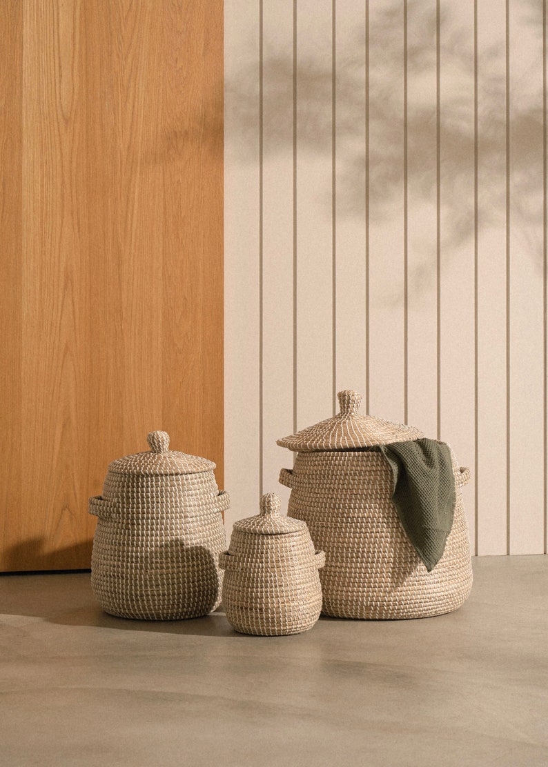 Round Basket with Lid and Handles Storage & Laundry Hamper Handwoven Natural Coiled Seagrass Basket Wicker Basket Tall Basket image 1