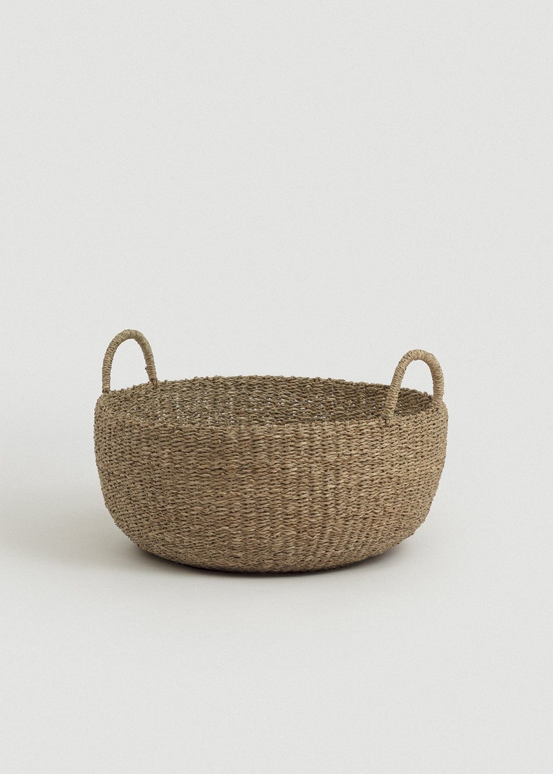 Large Round Floor Basket with Handles for Blankets and Pillows, Handwoven Seagrass Decorative Basket, Kids Toy Storage and Organization image 2