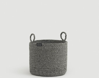 Small Gray Cotton Rope Basket with Handles, Coiled Rope Round Shelf Basket, Kids Toy Storage and Organization, Pet Storage Basket