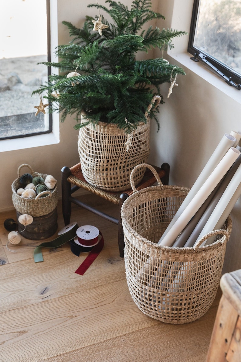 Large Tall Storage Basket with Handles for Home and Closet Organization, Handwoven Seagrass Boho Round Basket, Basket for Kids Rooms image 5