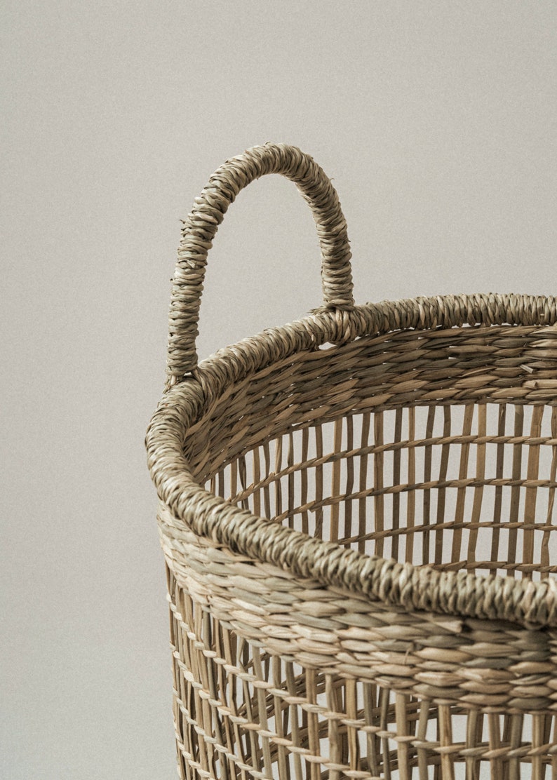 Large Tall Storage Basket with Handles for Home and Closet Organization, Handwoven Seagrass Boho Round Basket, Basket for Kids Rooms image 8