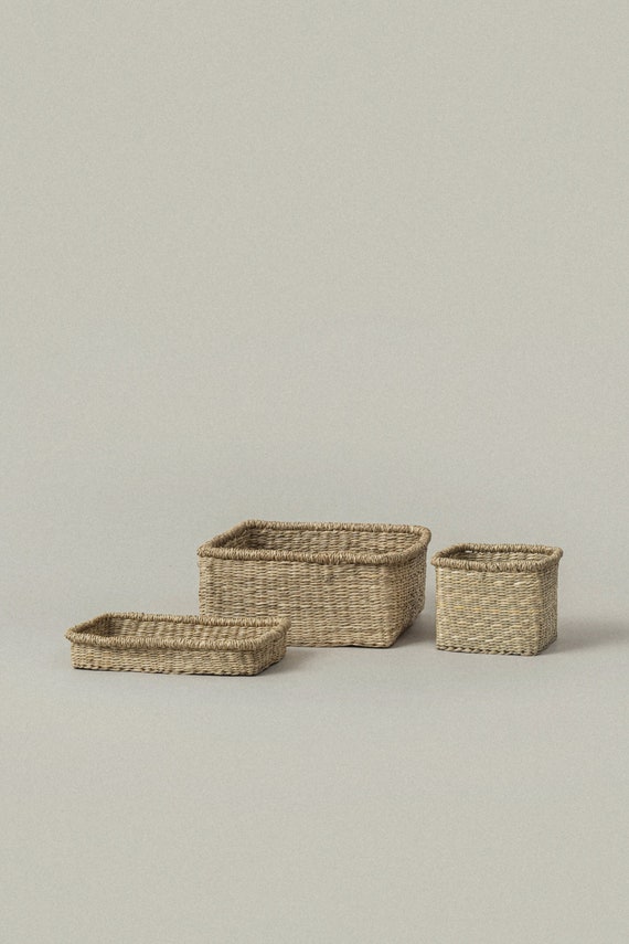 Flat Seagrass Storage Bins with Lid, Wicker Basket for Shelf Organize, Set  of 2 (Small+Large)