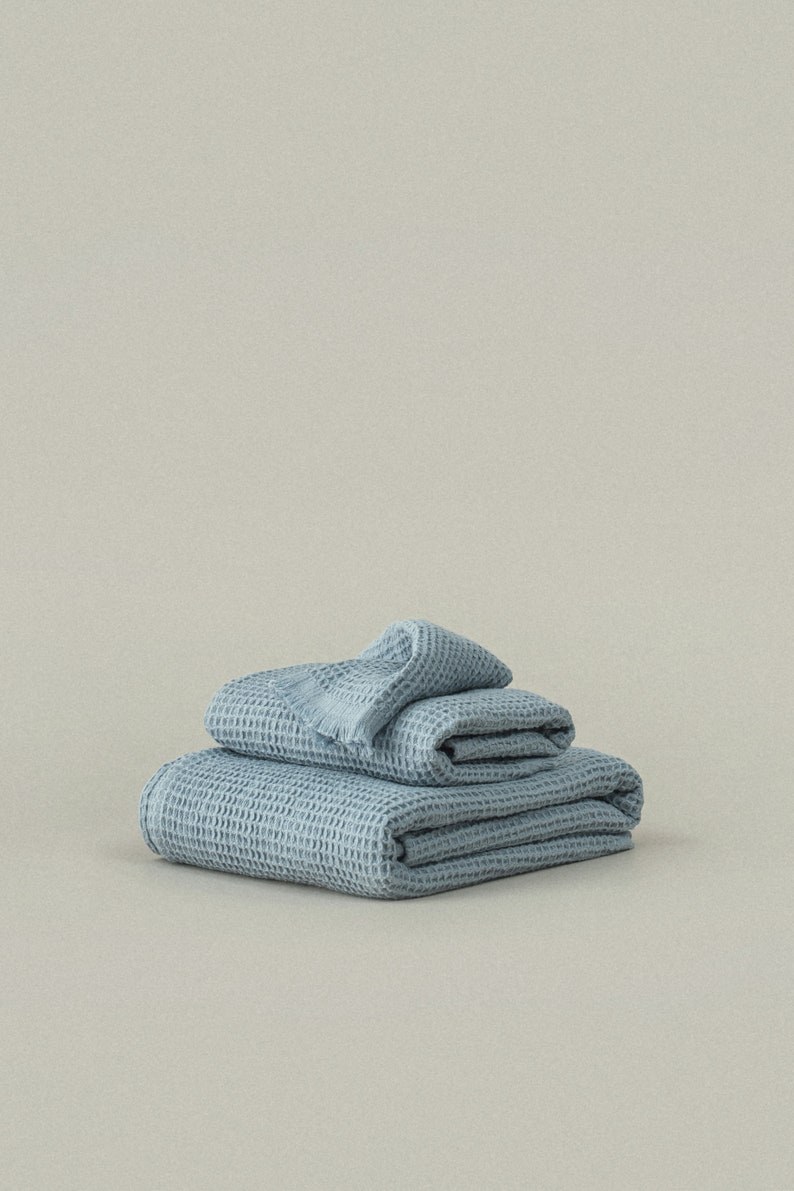 Dusk Blue Cotton Waffle Towel Set, Washcloths Hand & Bath Towels, Soft Quick Drying Towels, Waffle Weave Spa Towel Housewarming Gift image 2