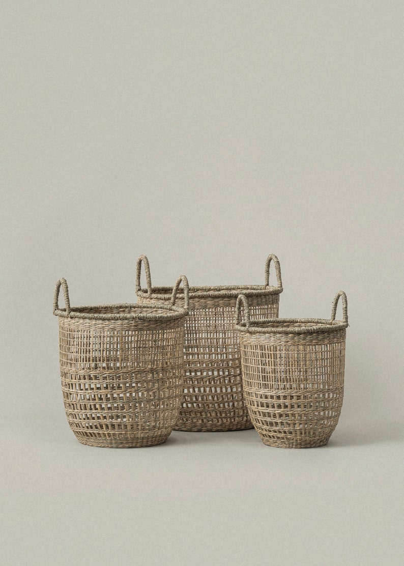Large Tall Storage Basket with Handles for Home and Closet Organization, Handwoven Seagrass Boho Round Basket, Basket for Kids Rooms image 7