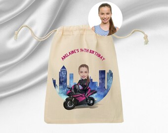 City Girl in Bike Bolsa de golosinas personalizada / Bolsa de golosinas personalizada / Bolsa de muselina personalizada / Bolsa de mano personalizada / Favores de cumpleaños personalizados