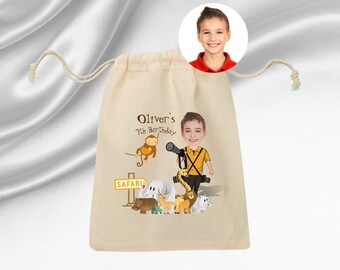 Safari persoon gepersonaliseerde goodiebag | Gepersonaliseerde goodiebag | Gepersonaliseerde mousseline tas | Personazied draagtas | Aangepaste verjaardagsgunsten