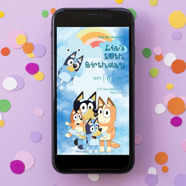 Kid's Birthday Party E-Invite - Bluey Theme | Electronic Invitation Template | Digital Invite | Mobile Phone Evite