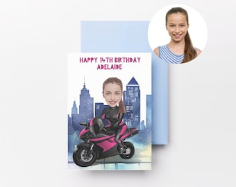 City Girl on Bike Cartoon Character added Personalized Card | Custom Birthday Card | Blank Card | Personalized Cartoon Card