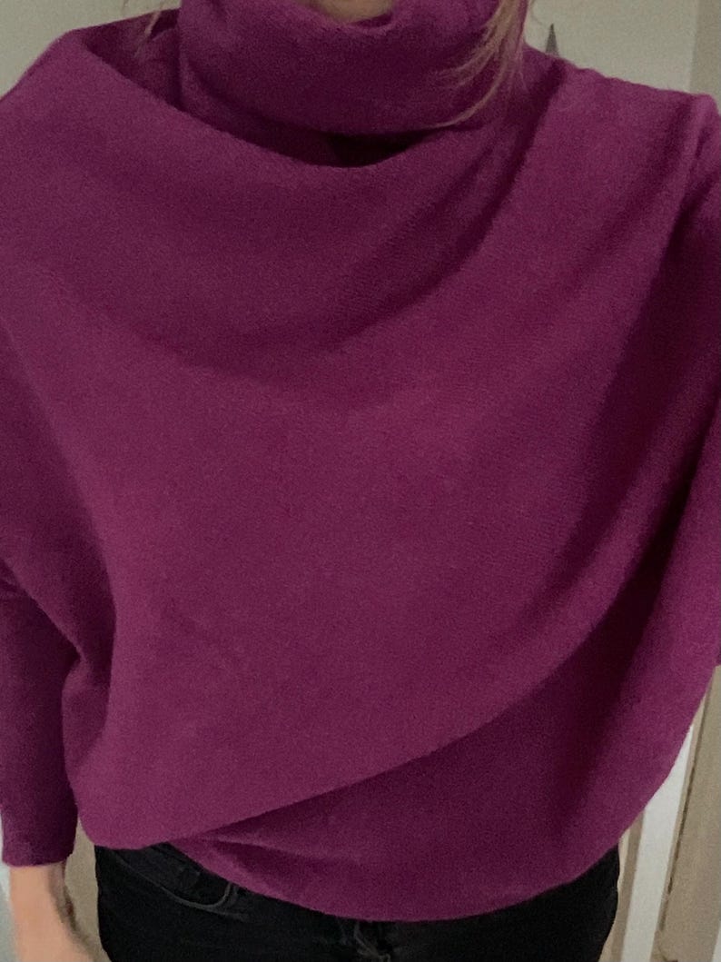 Roll Neck Draped Asymmetric Jumper by Alpini Knitwear Grape