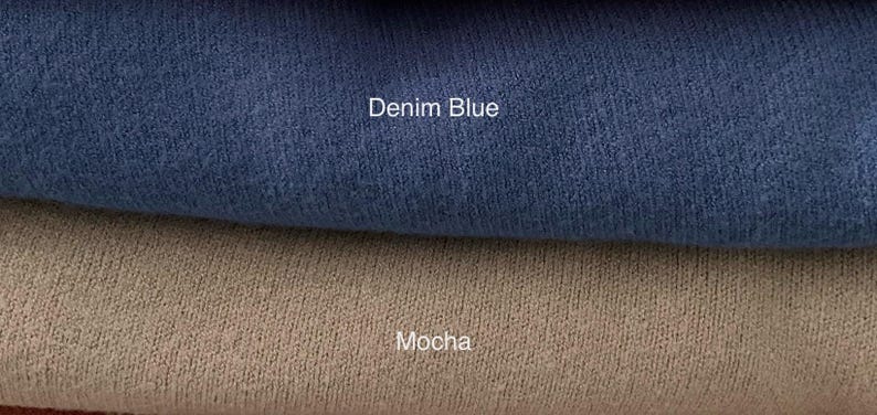 May include: Two fabric swatches, one denim blue and one mocha.