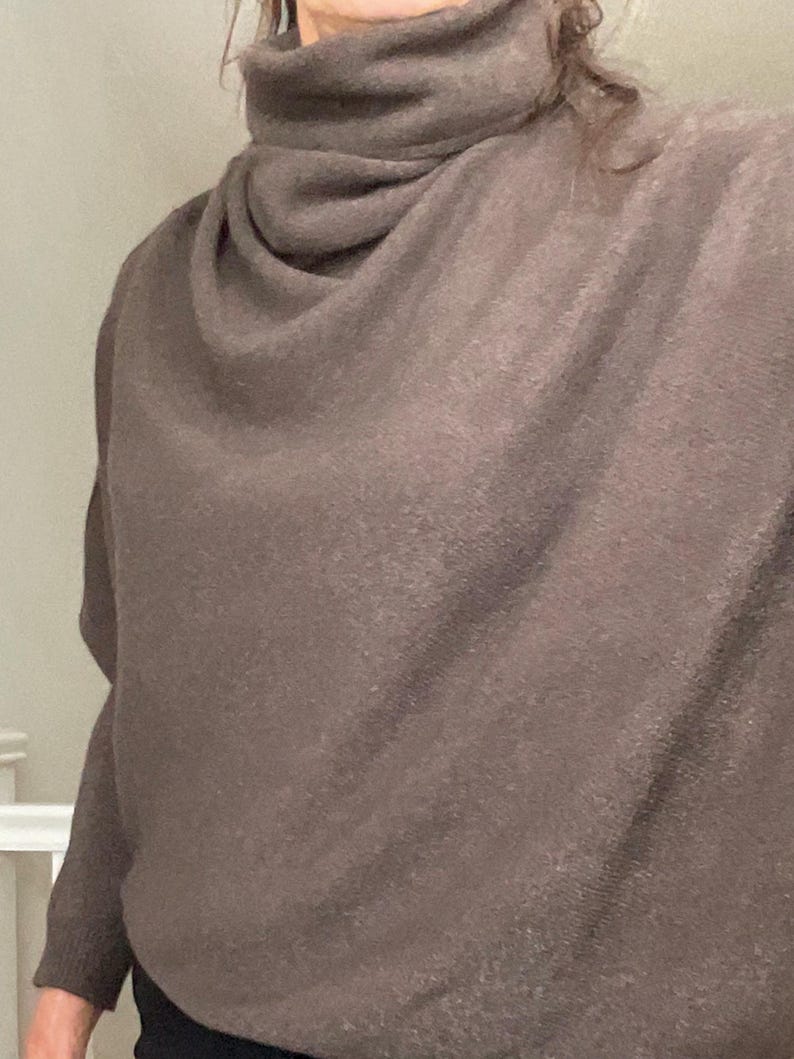 Pu&ograve; includere: Un maglione marrone con collo a cappuccio. Il maglione ha uno scollo drappeggiato e maniche lunghe. Il tessuto appare morbido e ha una lucentezza sottile. Lo stile generale &egrave; casual e confortevole, adatto ai climi pi&ugrave; freschi.