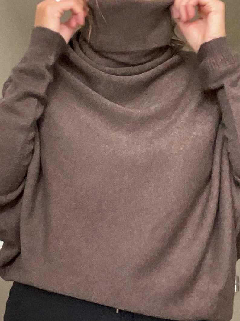 Pu&ograve; includere: Un maglione marrone a collo alto con maniche lunghe. Il maglione ha una vestibilit&agrave; ampia e confortevole e un collo alto e ripiegato. Il tessuto sembra morbido e strutturato.