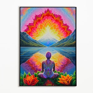 Trippy Art Print, Psychedelic Sunset Meditation Landscape Mandala Fantasy Hippie Spiritual Poster Groovy Funky Acid Hippie Art Print Retro