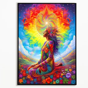 Puede incluir: Una pintura colorida de una mujer meditando en un campo de flores. La mujer está rodeada de un arcoíris de colores y su cabello ondea en el viento. La pintura es una hermosa representación de la paz y la tranquilidad.