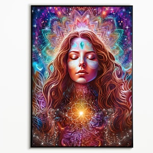 May include: A digital painting of a woman with long, flowing red hair. Her eyes are closed and she is surrounded by a colourful, abstract design. The design includes a mandala, stars, and other geometric shapes.
