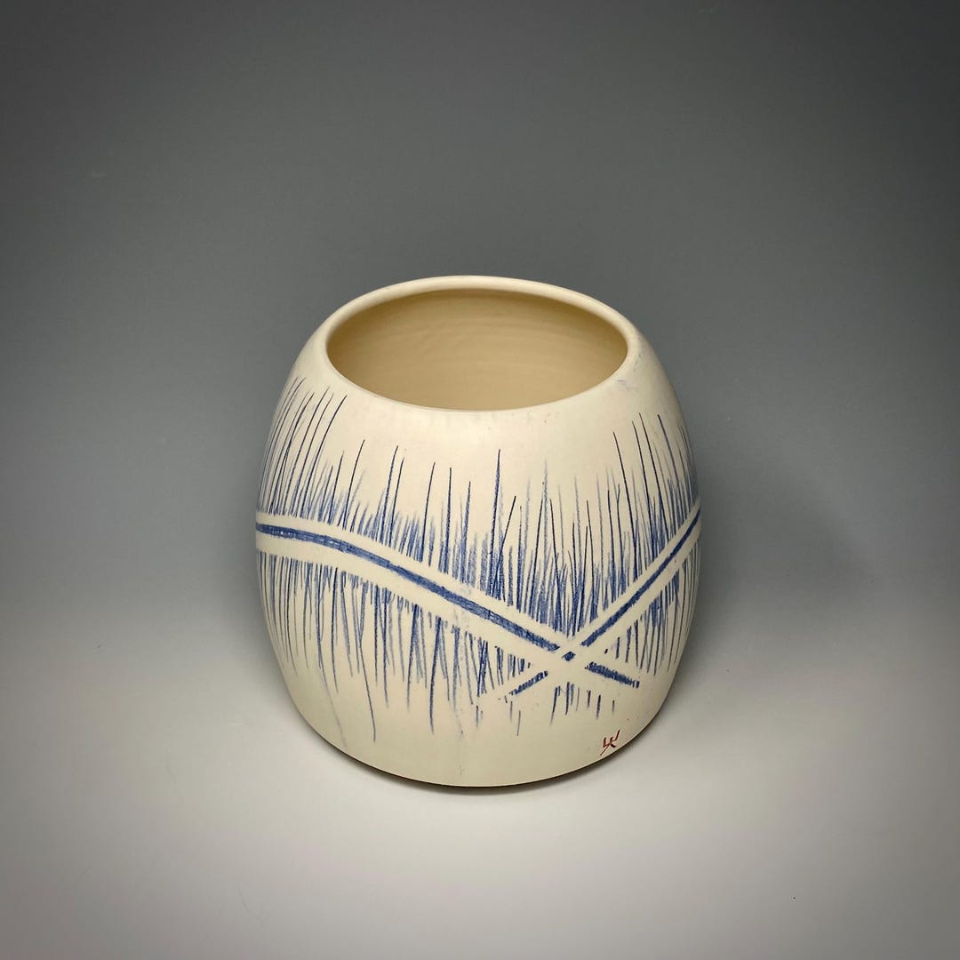 Handmade Ceramic Flower Vase: Wheel Thrown Stoneware With Blue Graphic ...