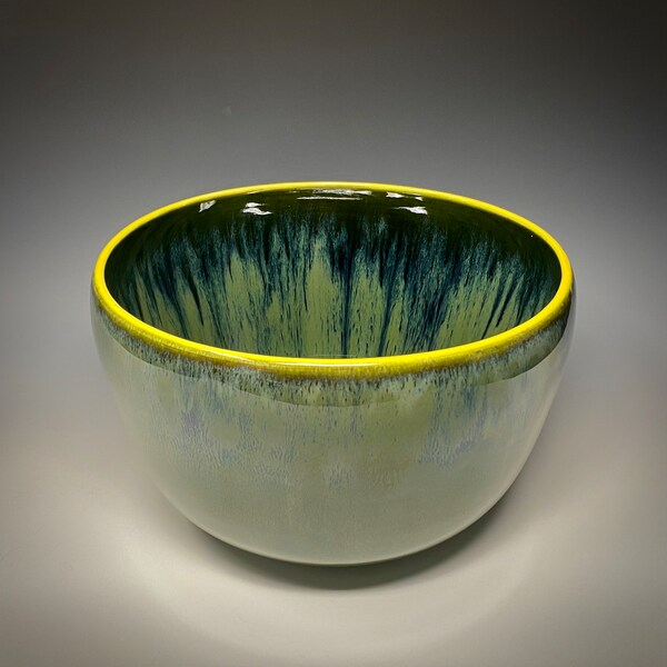 Large, handmade ceramic serving bowl, one-of-a-kind, wheel thrown earthenware. Glazed with food safe non-toxic glazes.