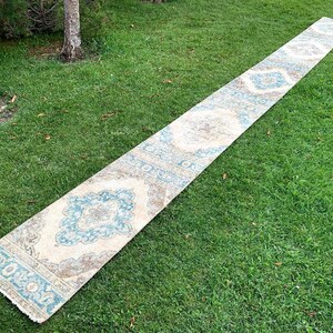 May include: A long, narrow rug with a beige background and a blue and brown patterned design. The rug has a fringed edge.