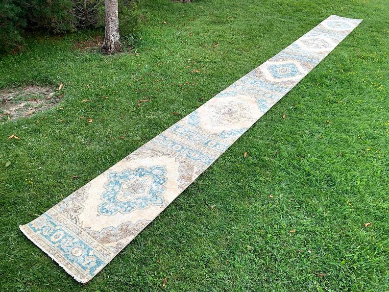 May include: A long, narrow rug with a beige background and a blue and brown patterned design. The rug has a fringed edge.