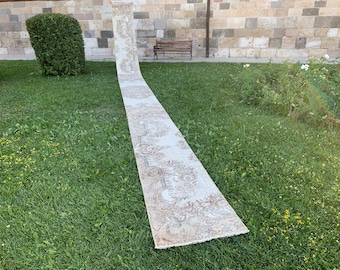 Vintage Turkish Runner Rug: 2'1"x29' Beige Brown Wool Hallway Rug