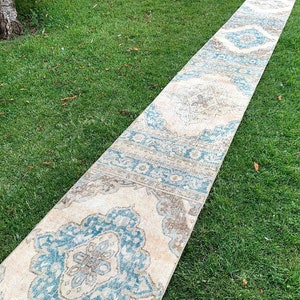 May include: A long, cream-colored rug with a blue and brown geometric pattern. The rug is laid out on a grassy lawn.