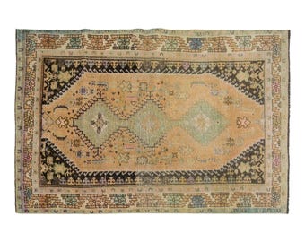 Vintage Turkish Rug: Handwoven Wool, Tribal Diamond Design, 4.9 x 7.4 ft