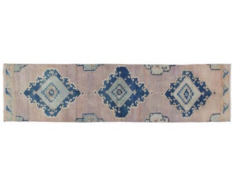 Tappeto da corridoio vintage in lana turca, motivo geometrico a rombi blu, 2,4 x 10 piedi