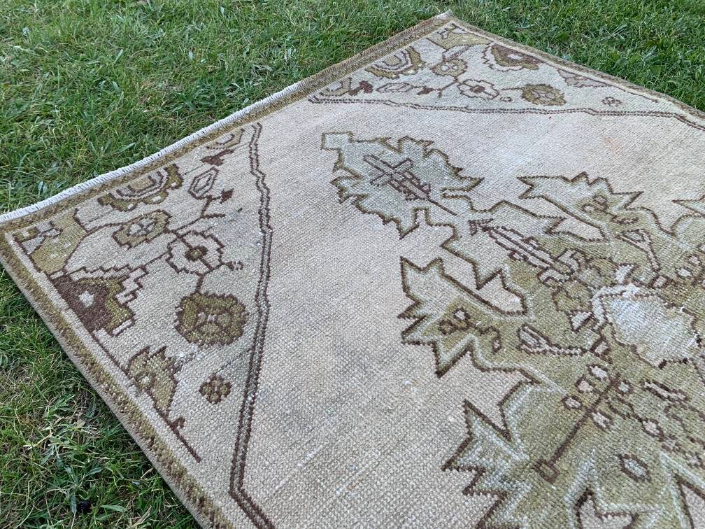 Perfect Green & Beige Vintage Area Rug Turkish Handmade Wool Etsy
