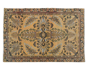 Vintage Turkish Rug: Golden Botanical Design, 4 x 6.3 ft