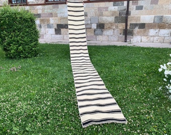 Vintage Kilim Stair Runner Rug: Handmade Wool, White & Black Striped (2'1"x18'0")