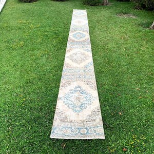 May include: A long, rectangular rug with a cream background and a blue and brown geometric pattern. The rug is laid out on a green grassy lawn.