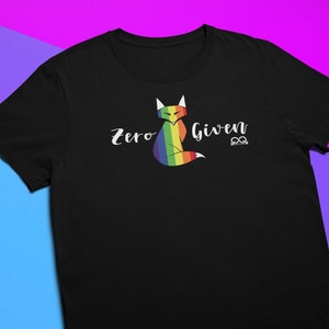 May include: Black t-shirt with a rainbow fox graphic and the text "Zero Given".