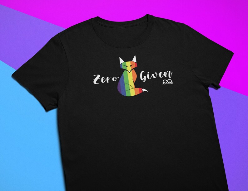 May include: Black t-shirt with a rainbow fox graphic and the text "Zero Given".