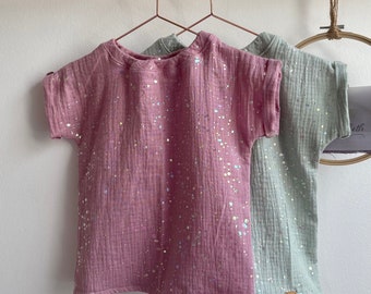 Camisa confeccionada en muselina THILDA GLITTER camisa infantil en talla. 50-164 y muchos colores para elegir.