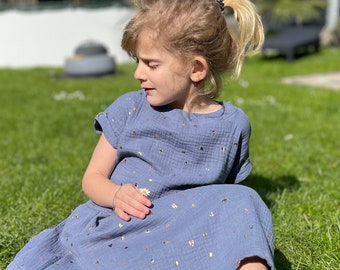 Kleid aus Musselin LANGE TINKA langärmeliges Musselinkleid für Babys und Kids in den Größen 62-140 in vielen Mustern und Farben