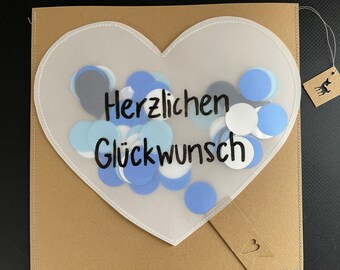 Glückwunschkarte „Glückwunsch Bube“, Konfetti-Herz aus Transparentpapier, Geburtstagskarte „Herzlichen Glückwunsch“, Handlettering, handmade