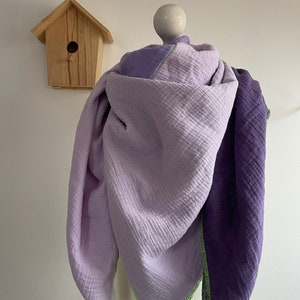 Muslin scarf PURPLE three-colored XXL neckerchief in many sizes for women and children, selectable seam color neon image 5