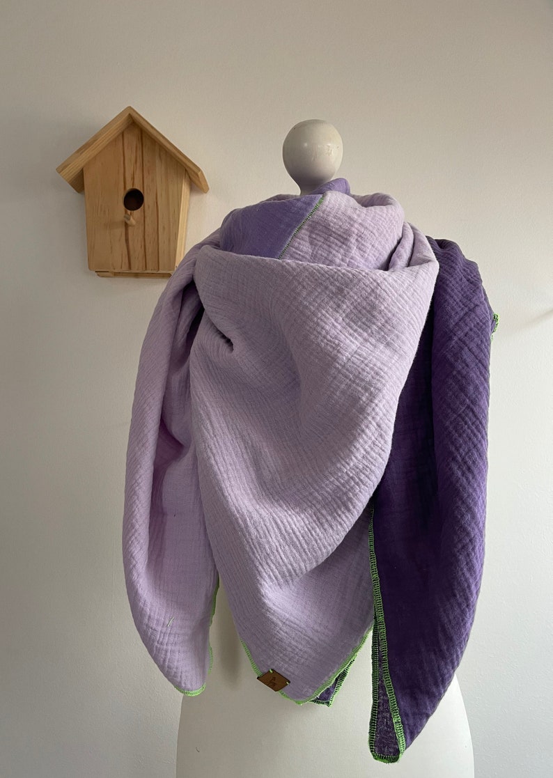 Muslin scarf PURPLE three-colored XXL neckerchief in many sizes for women and children, selectable seam color neon image 5