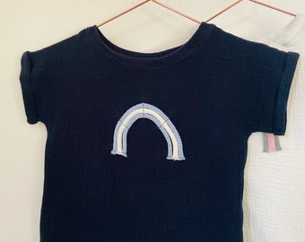 Muslin shirt, "Blue Rainbow" with rainbow appliqué, short or long-sleeved shirt made of muslin for babies and children, in double sizes 50-164