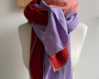 Muslin cloth COTTO LILAC tri-colored XXL scarf in 6 sizes for women and children, selectable seam color neon