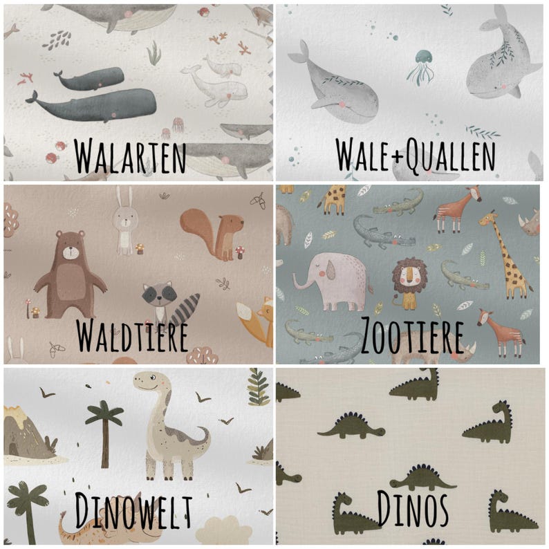 K&ouml;nnte beinhalten: Stoffmuster mit verschiedenen Tier- und Dinosaurier-Motiven. Designs umfassen Wale, Waldtiere, Zootiere und Dinosaurier. Jedes Muster hat eine andere Hintergrundfarbe und den Namen des Musters aufgedruckt.