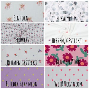 K&ouml;nnte beinhalten: Eine Auswahl an Stoffmustern mit verschiedenen Mustern. Designs umfassen Einh&ouml;rner, Eukalyptusbl&auml;tter, Blumendrucke und Herzmuster. Jedes Muster hat ein anderes Farbschema, darunter Rosa, Wei&szlig; und Lila, mit Textbeschriftungen.